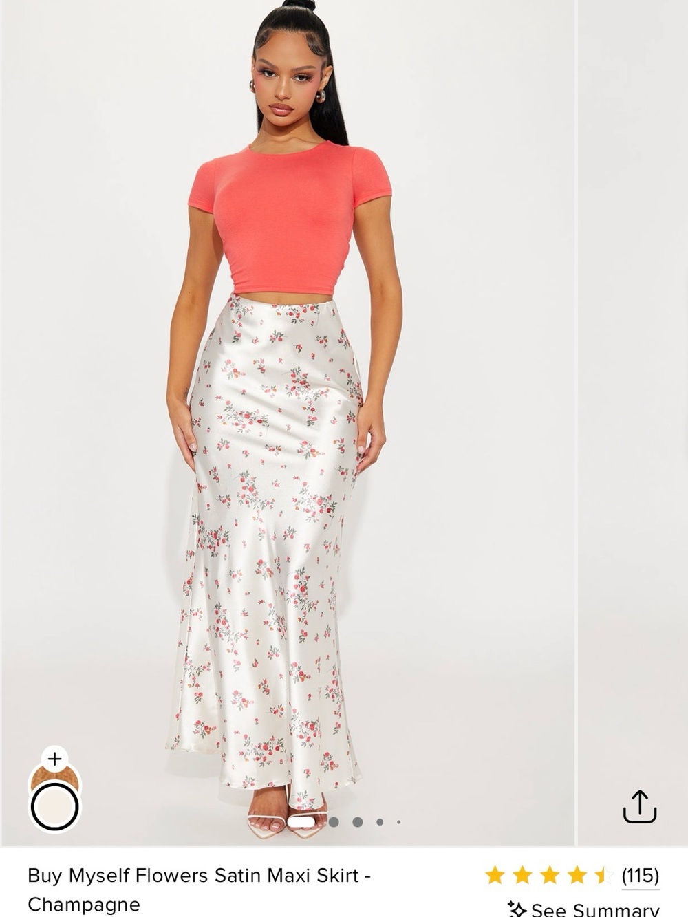Fashion Nova Floral Satin Maxi Skirt in Ivory with Pink Flowers